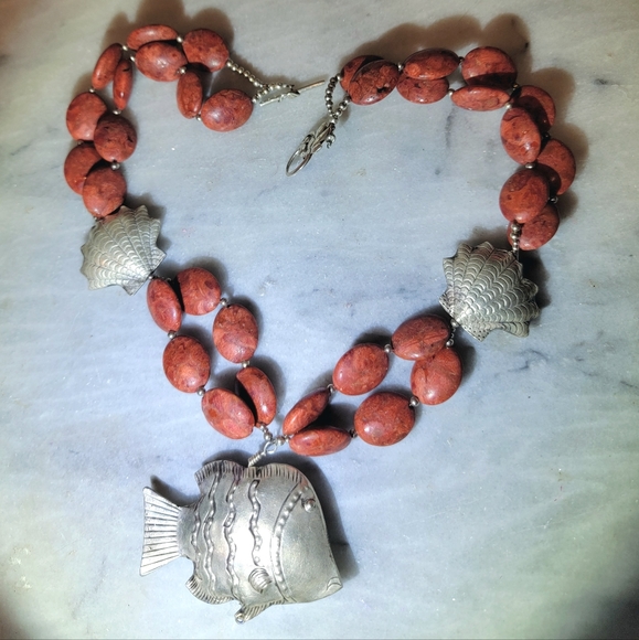 Hand Crafted Jewelry - Artisan Necklace Genuine Coral Sterling 925 20" Fish Shell Coastal Beach
